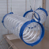 Blue rat hanging tunnel set with clear transparent tubes and pastel pink end rings, suspended inside a wire cage with metal chains.
