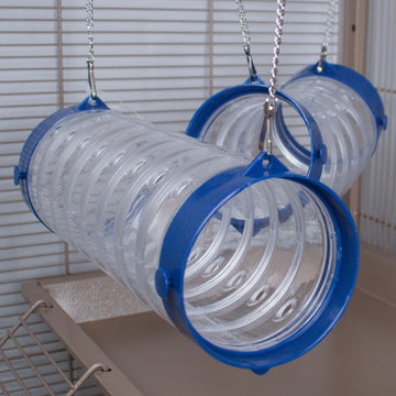 Blue rat hanging tunnel set with clear transparent tubes and pastel pink end rings, suspended inside a wire cage with metal chains.