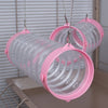 Pink rat hanging tunnel set with clear transparent tubes and pastel pink end rings, suspended inside a wire cage with metal chains.