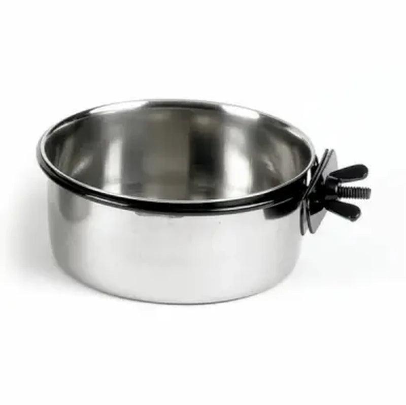 Stainless steel bowl with a clip on a white background