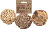 Three natural wood ball toys with a 'Rosewood Naturals' packaging on a white background