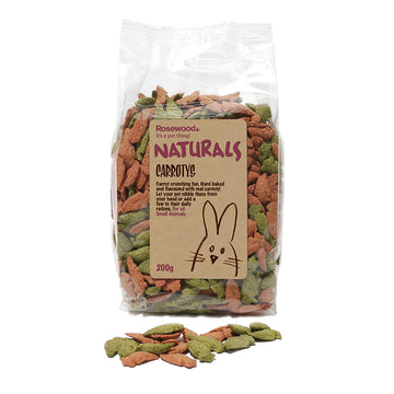 Bag of Rosewood Naturals Carrot Crunchy treats for small animals on a white background