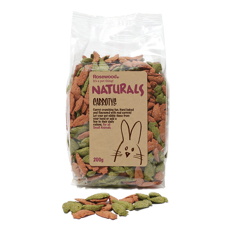 Bag of Rosewood Naturals Carrot Crunchy treats for small animals on a white background