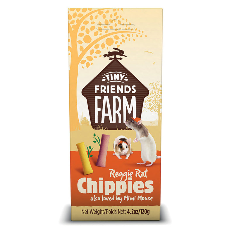 Box of Tiny Friends Farm Reggie Rat Chippies with graphics of a rat and hamster on an orange background.