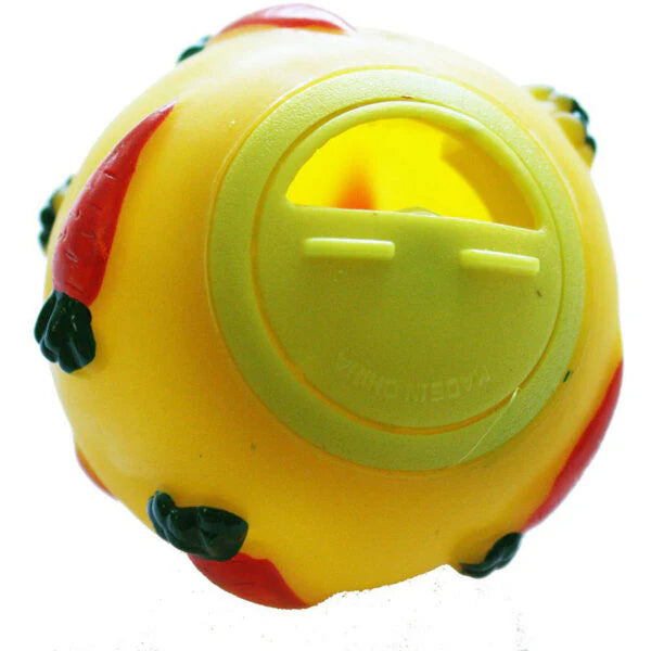 Yellow treat dispensing ball toy for rabbits and small animals enrichment feeding toy