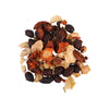 Assorted dried fruits and spices on a white background